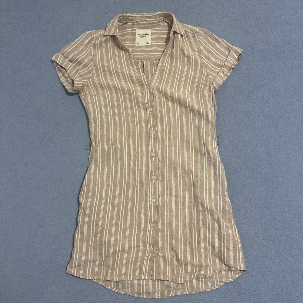 Button-Front Striped Linen Blend Dress - Taupe/White